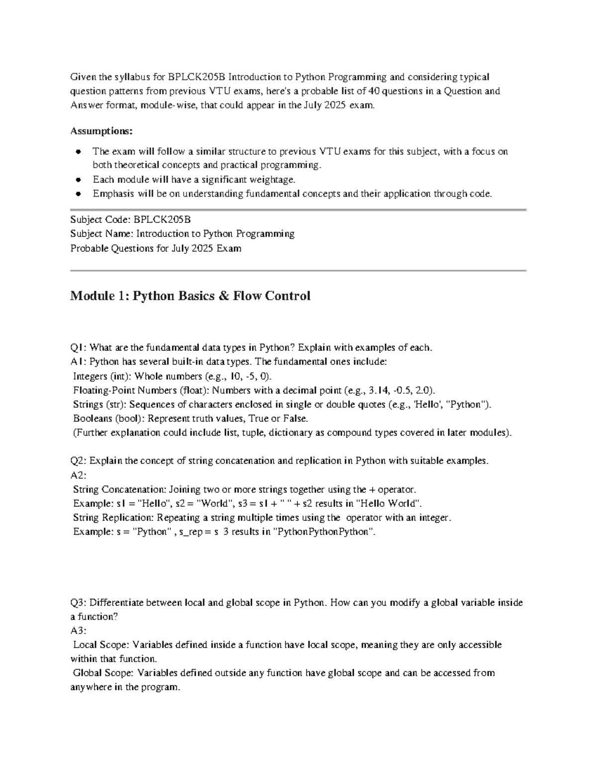 Probable Questions for BPLCK205B Python Programming July 2025 Exam ...