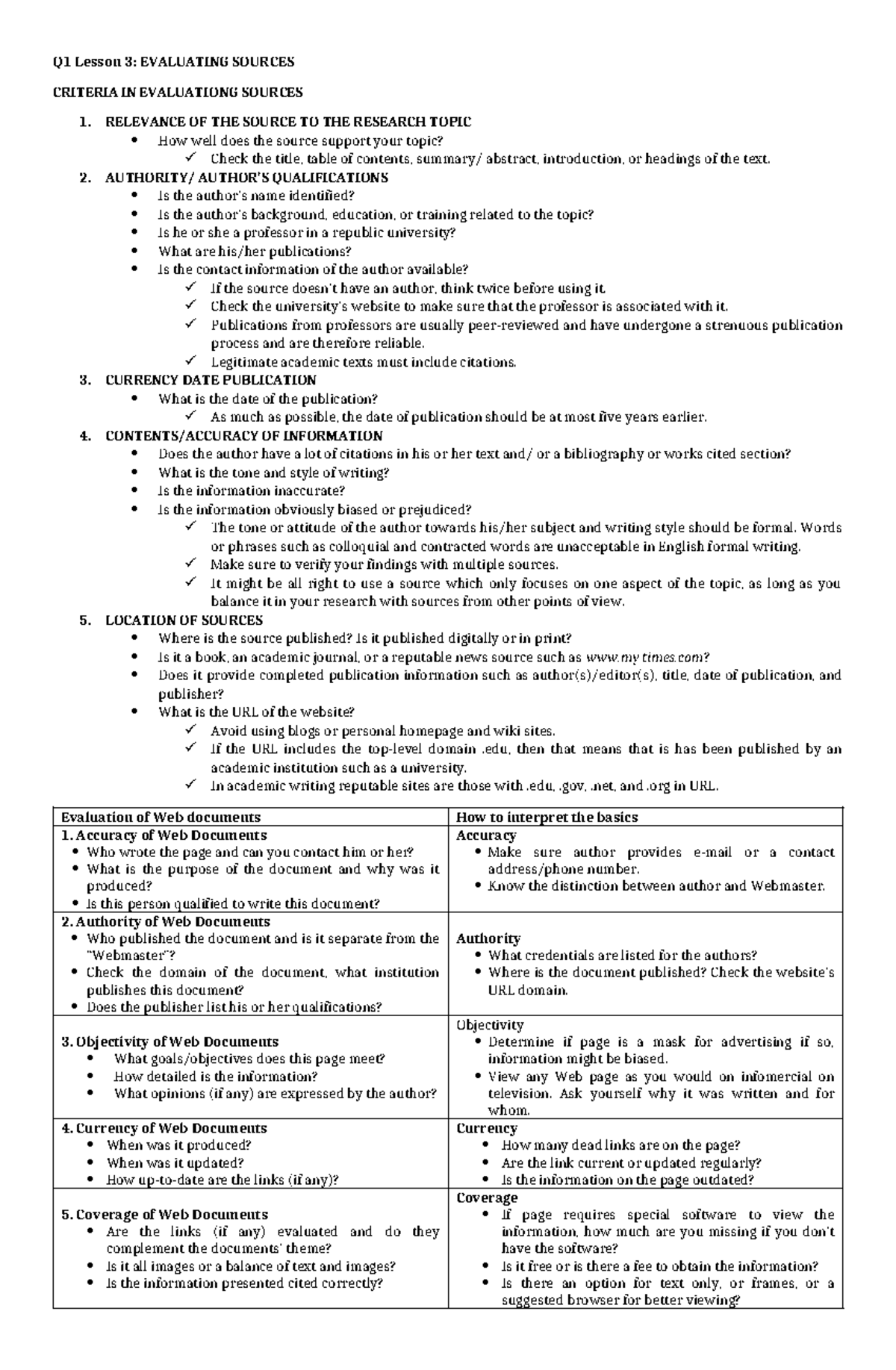 Q1 Lesson 3: Evaluating Sources Criteria and Guidelines - Studocu