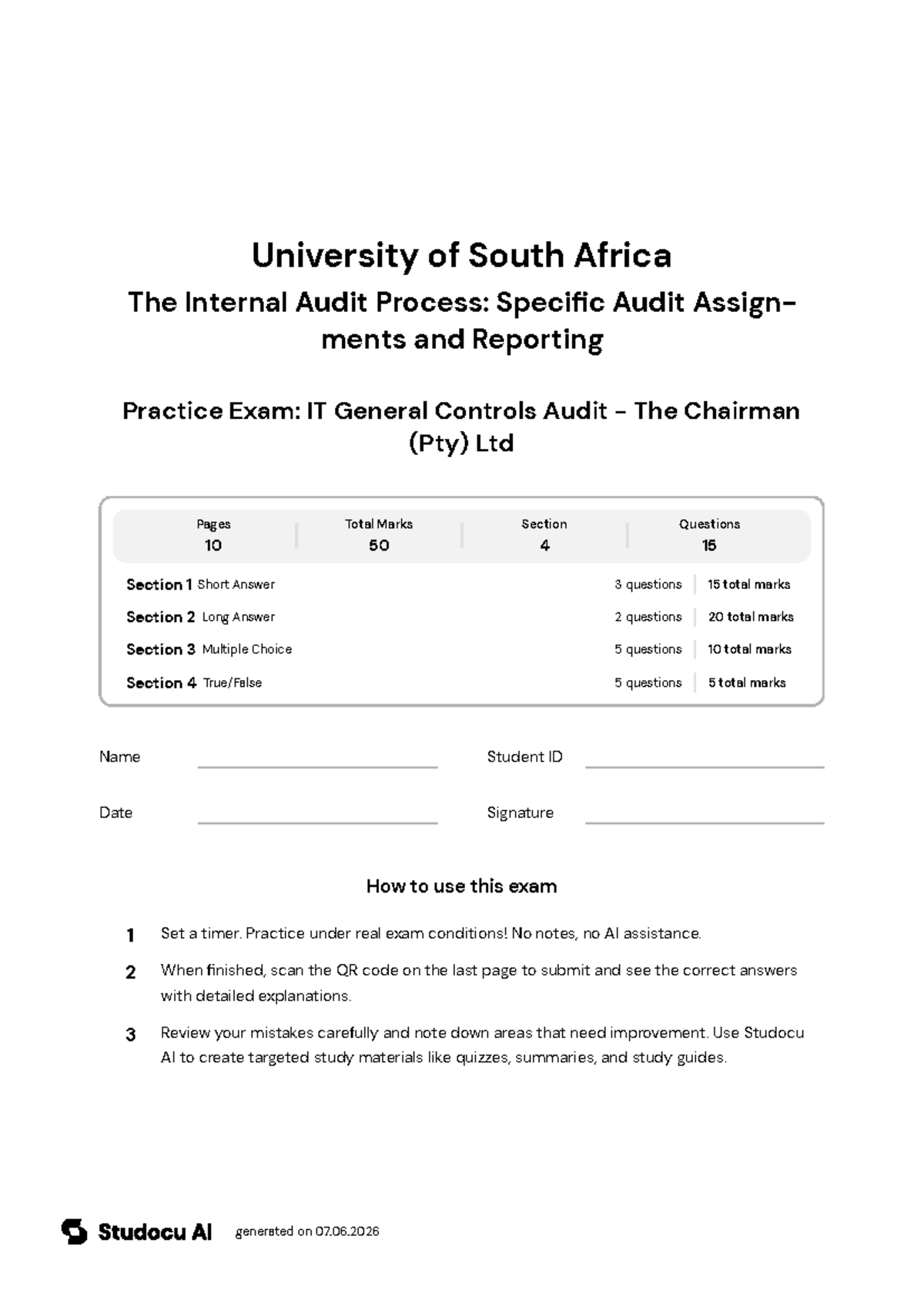 Practice Exam: IT General Controls Audit - The Chairman (Pty) Ltd - Studocu