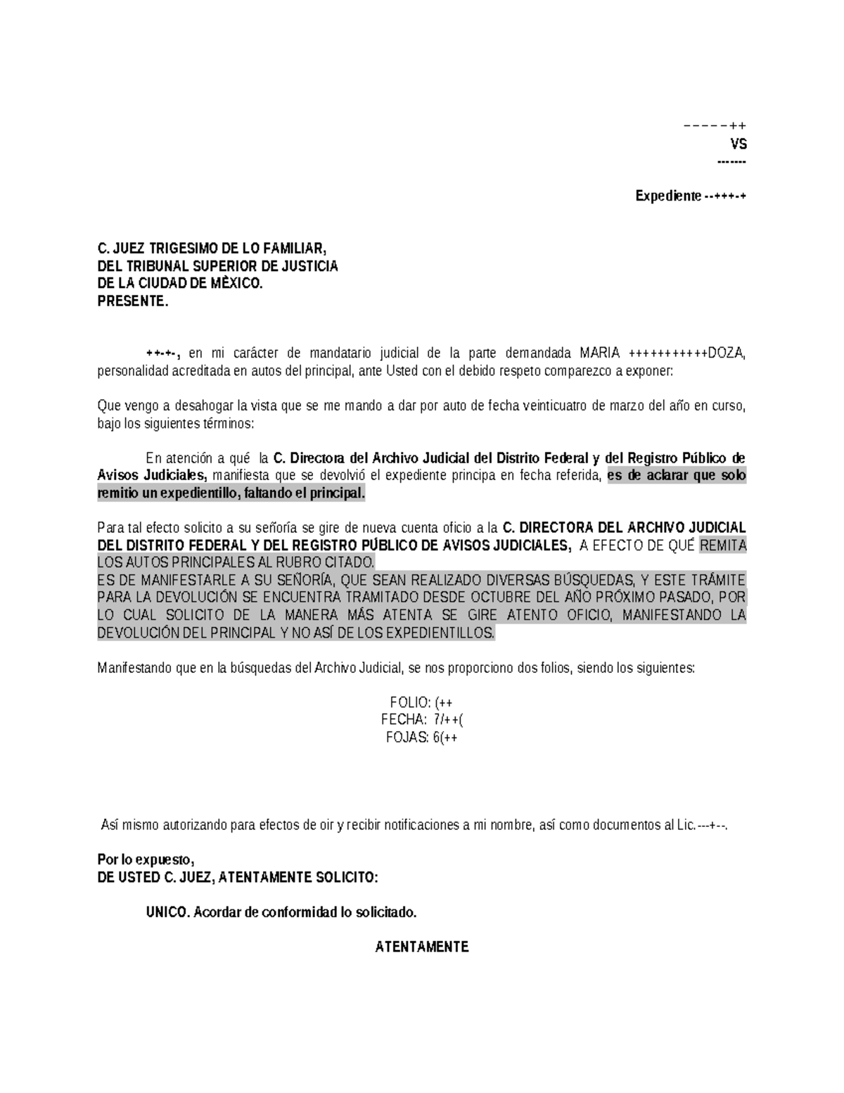 Escrito al Archivo Judicial - VS C. JUEZ TRIGESIMO DE LO FAMILIAR - Studocu