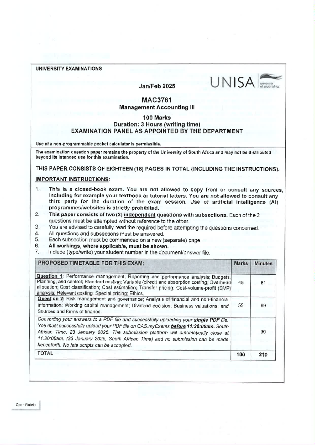MAC3761 Management Accounting Supplementary Exam January 2025 - Studocu