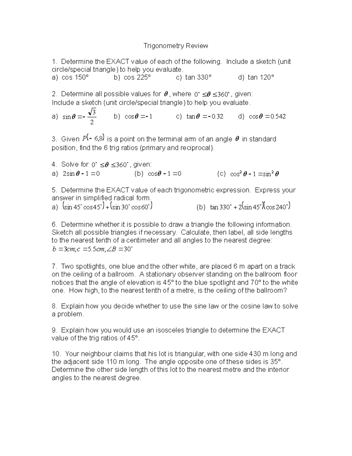 Trigonometry Review: Study Guide for Exam Prep (Course Code: MATH101 ...