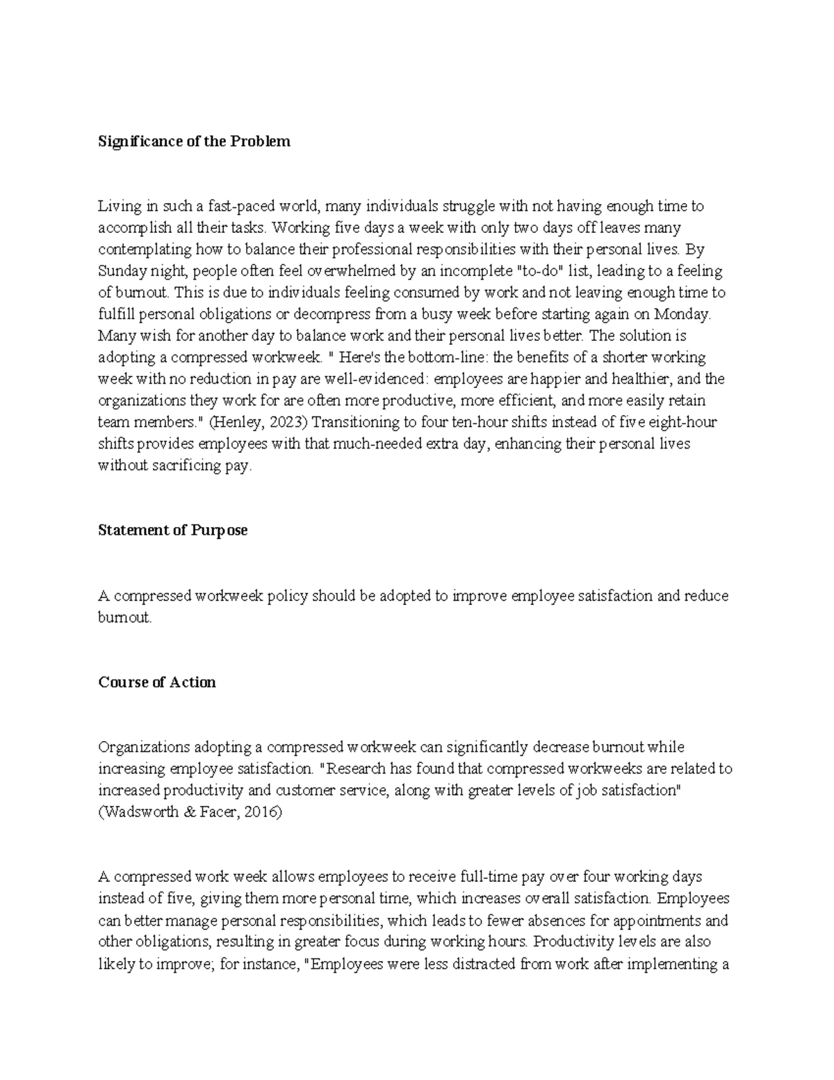 RHM3 Task 3 - The Benefits of a Compressed Workweek for Employee Well ...