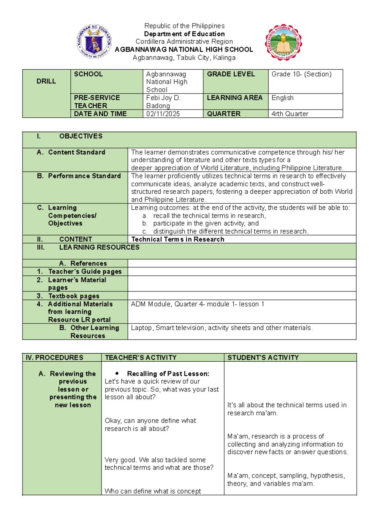Drill 1: Technical Terms in Research - English 4th Quarter - Studocu