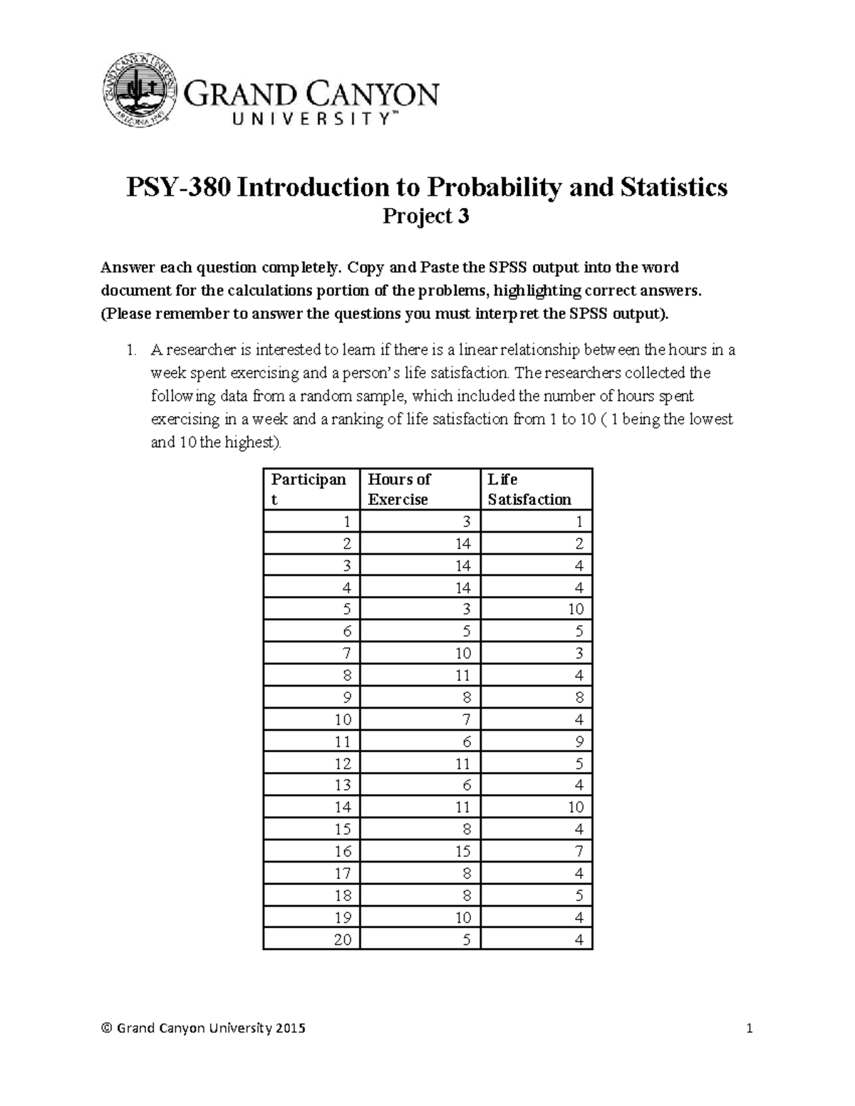 PSY-380 Project 3: Statistical Analysis of Exercise, Life Satisfaction ...