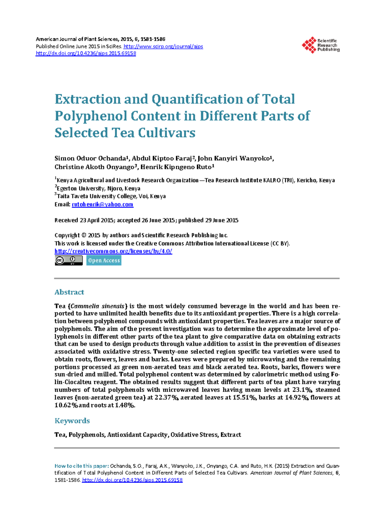 Extraction and Quantification of Total Polyphenols in Tea Cultivars ...