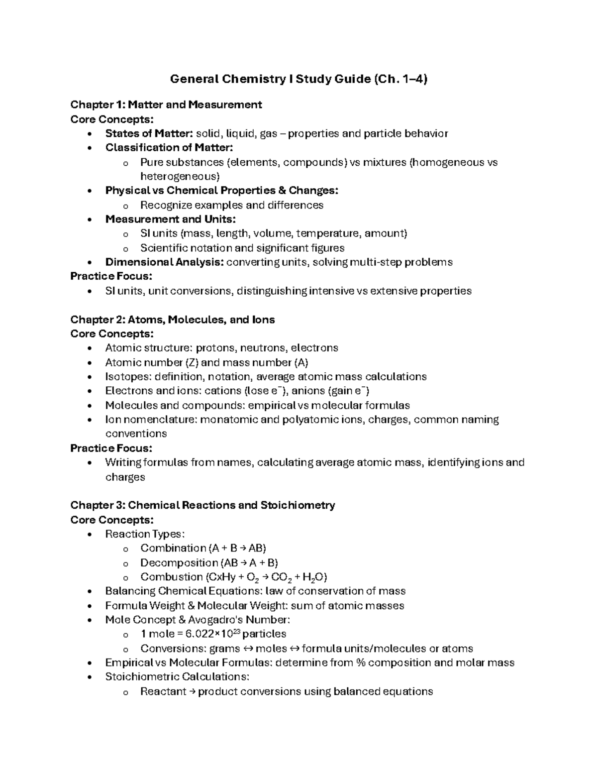 General Chemistry I Study Guide (Ch. 1-4): Key Concepts & Strategies ...