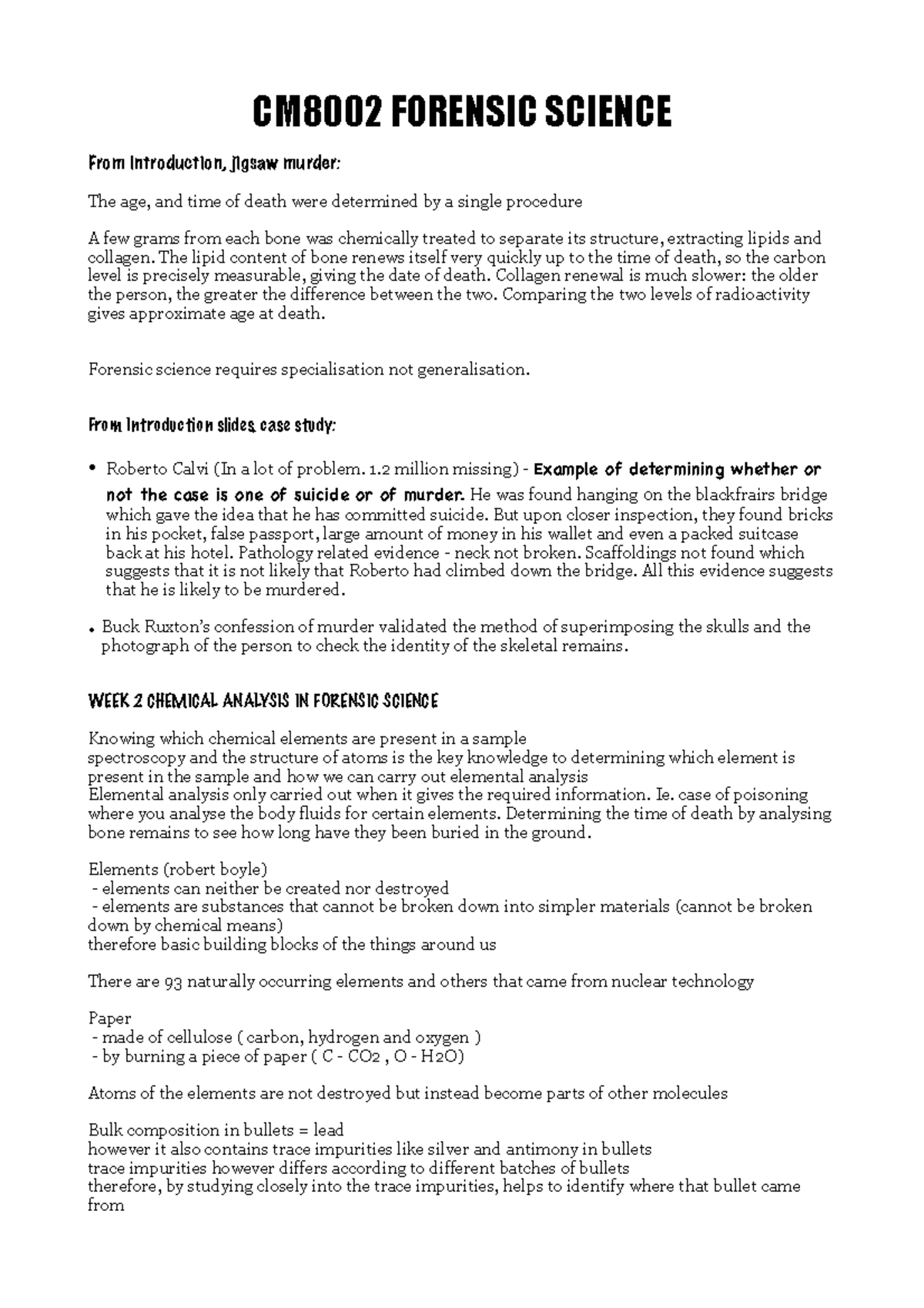 CM8002 Forensic Science Compiled Lecture Notes and Case Studies - Studocu