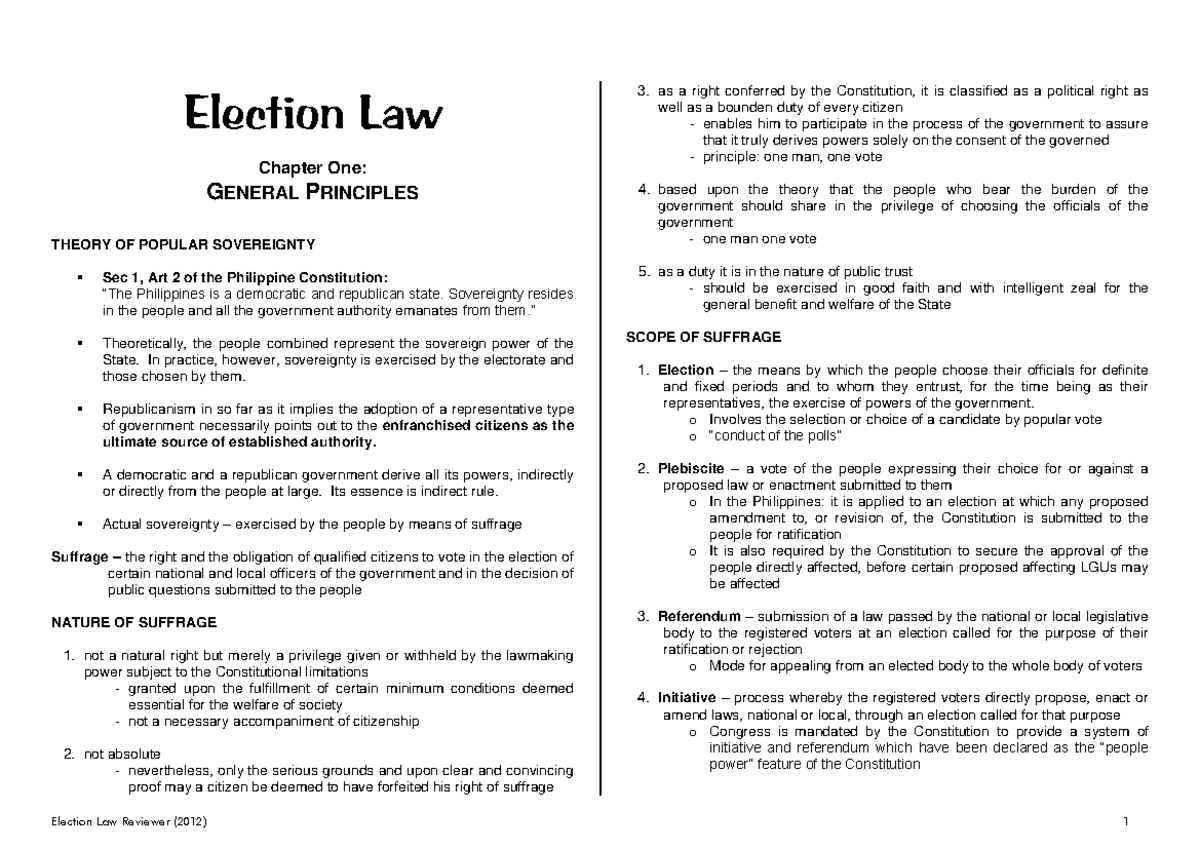 Election Law Notes - De Leon (General Principles & COMELEC) - Studocu