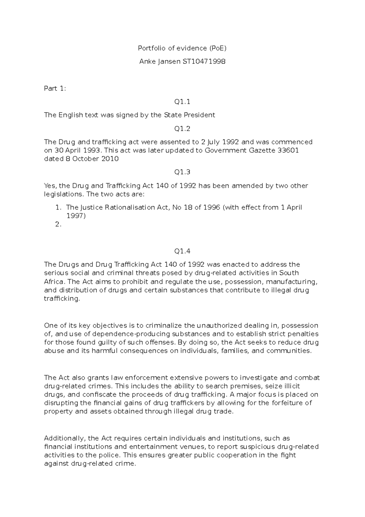 Portfolio of evidence (Po E) Part1 - Portfolio of evidence (PoE) Anke ...