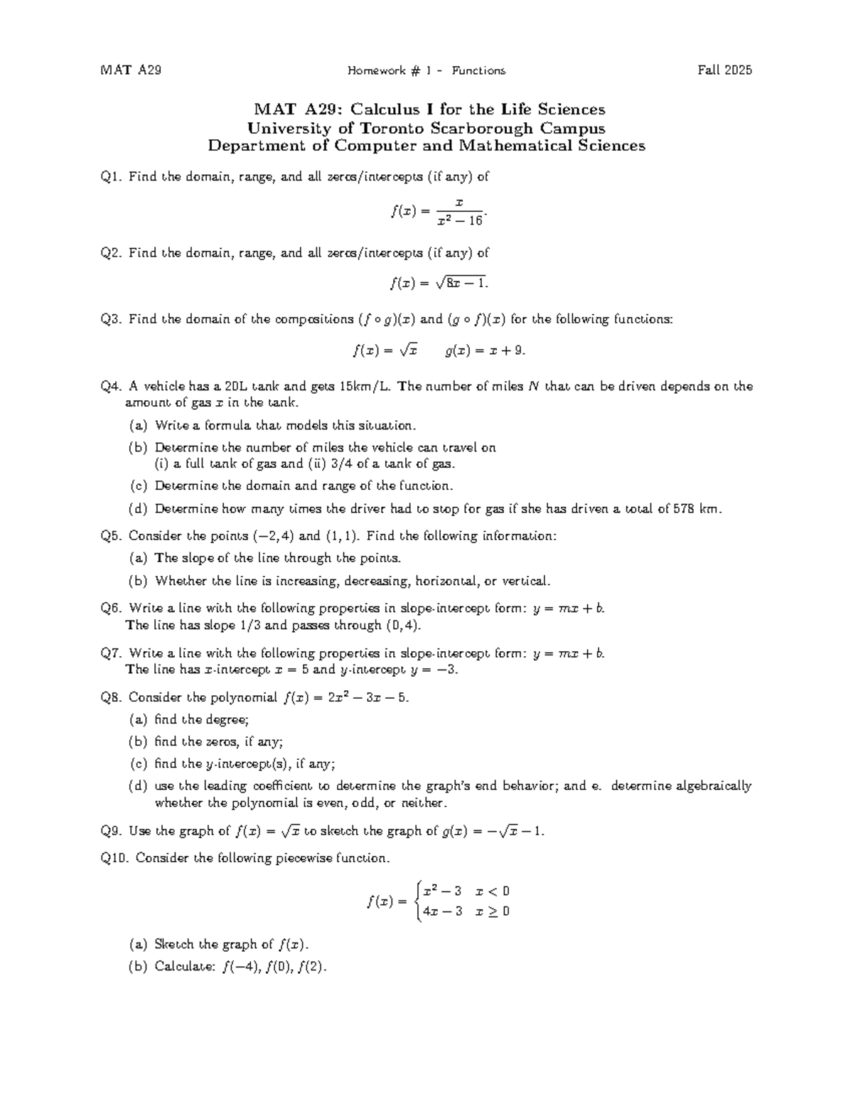 MAT A29 Homework 1: Functions and Graphs Analysis Fall 2025 - Studocu