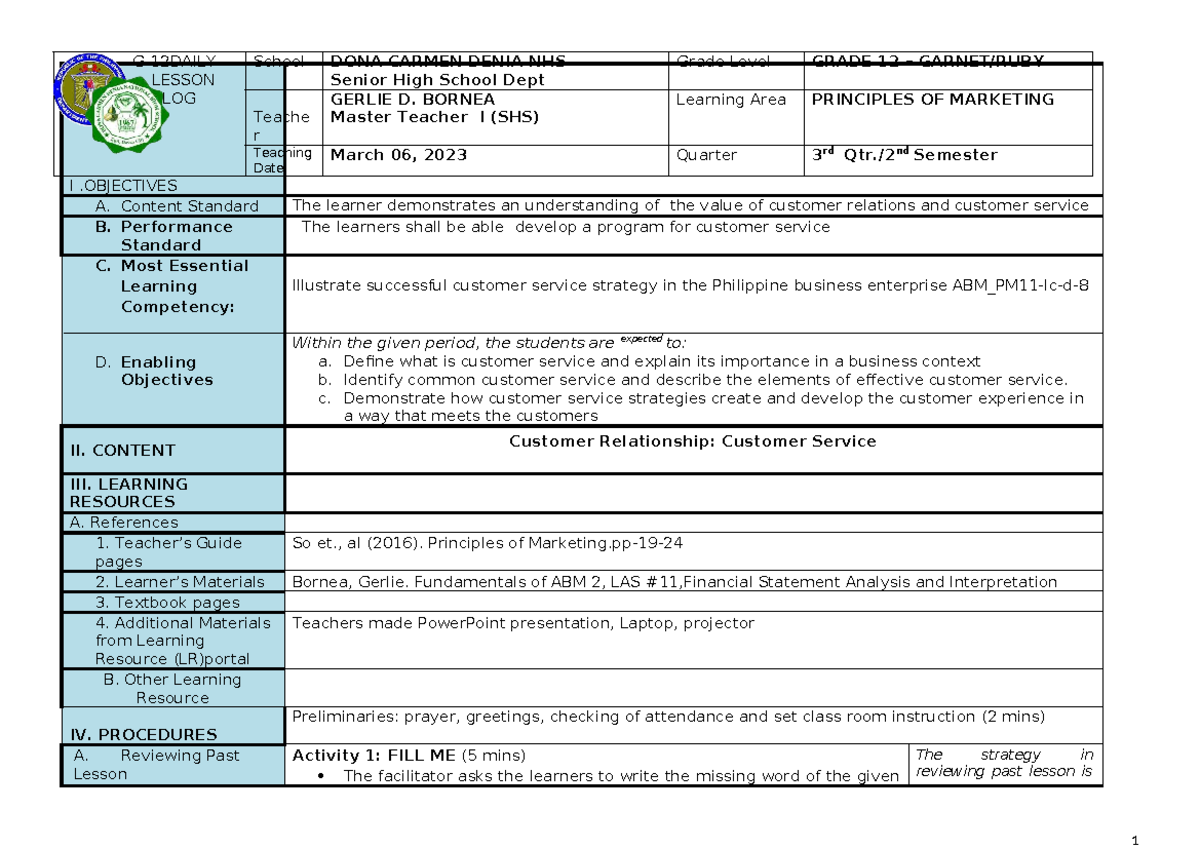 DLP ABM6: Lesson Log on Customer Service in Principles of Marketing ...