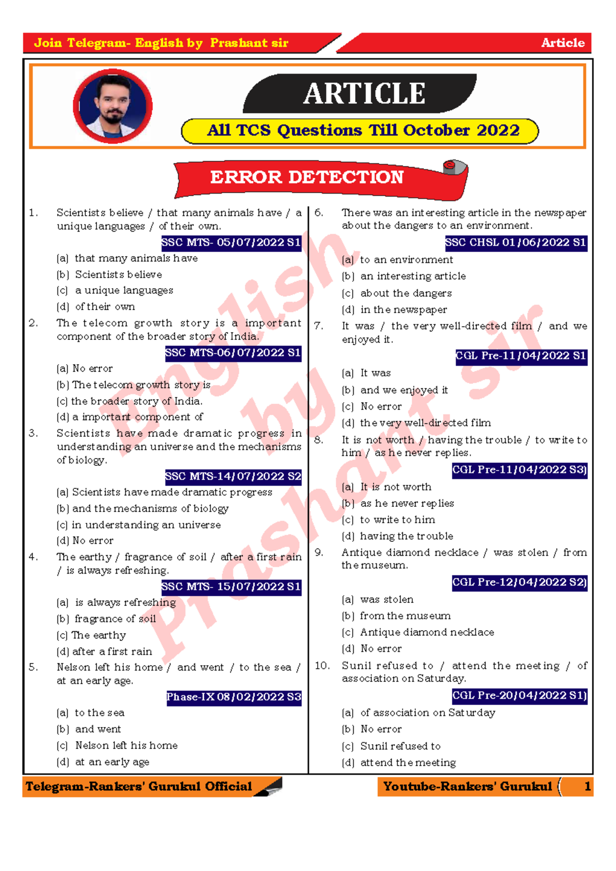 Article PYQs - Comprehensive Notes for SSC & CGL Exams - Studocu