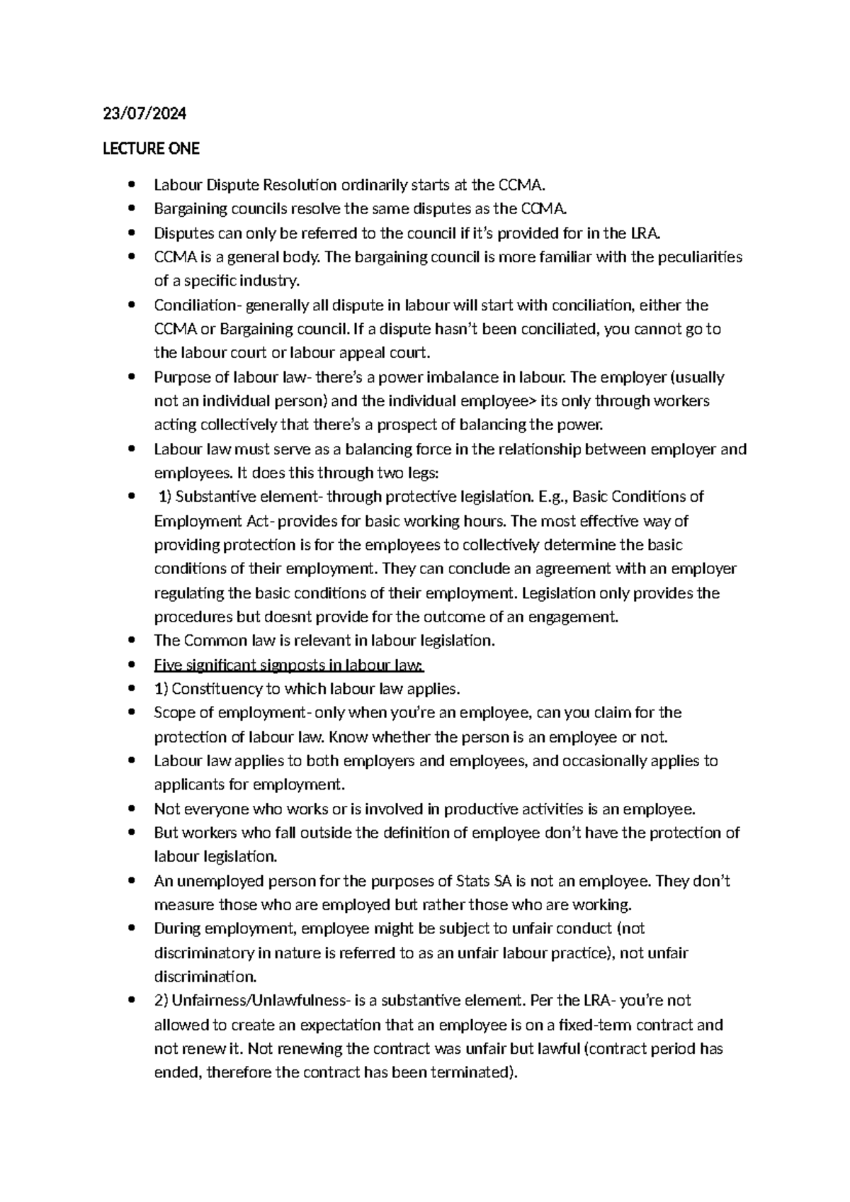 LABOUR LAW LECTURE NOTES (LLB 101): Dispute Resolution & Employment ...