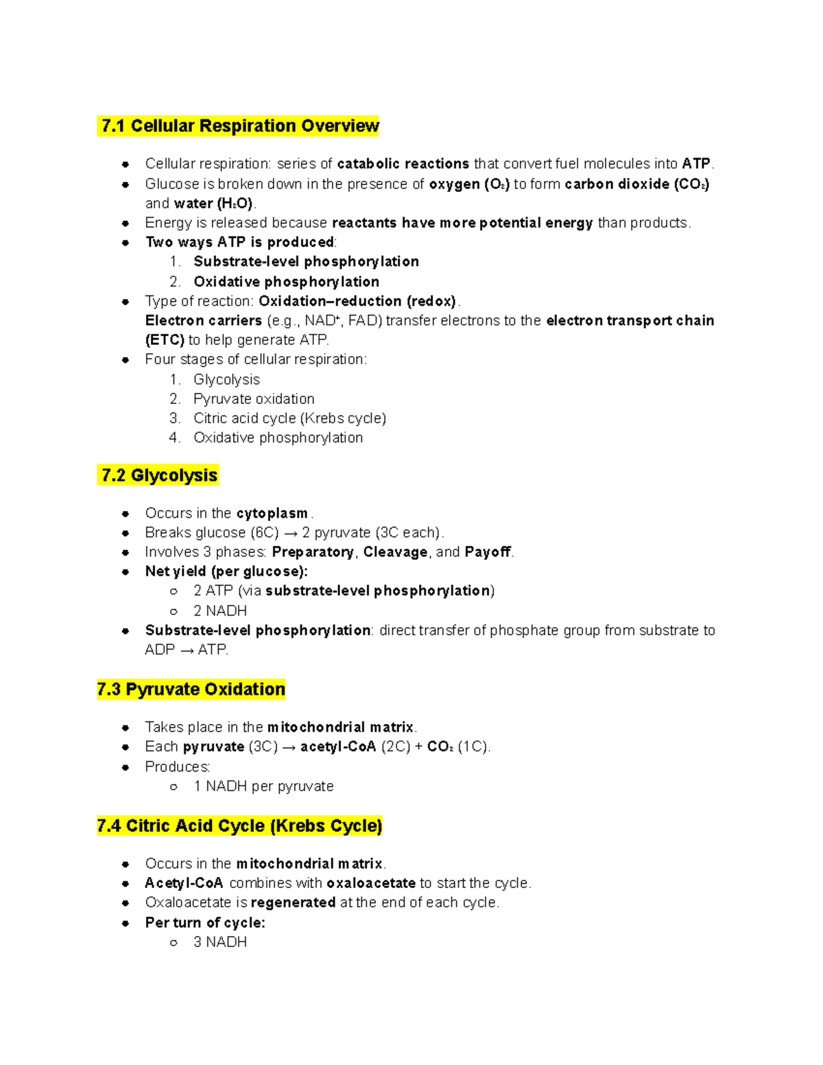 Biology 151 Final Exam Notes: Overview of Cellular Respiration - Studocu
