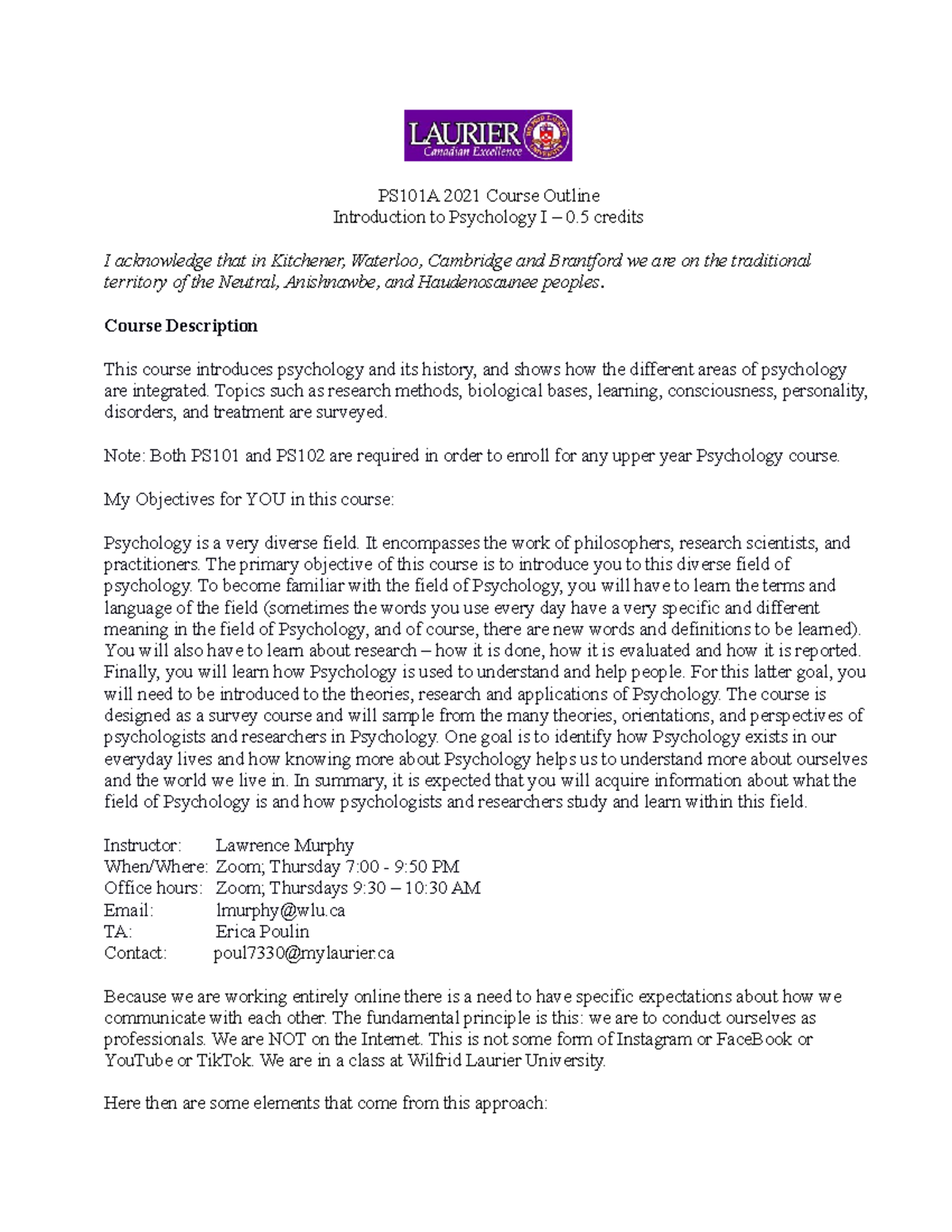 PS101 A Syllabus Fall 2021 Murphy- Course Syllabus - PS101A 2021 Course ...