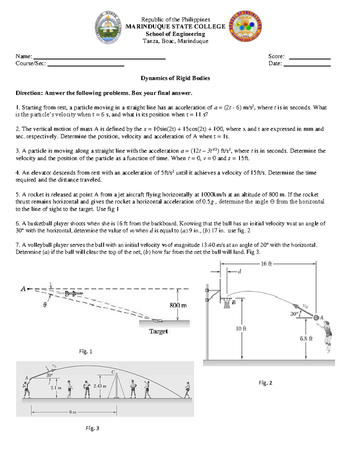 Dynamics Exercises Quiz - Rigid Bodies Analysis - Studocu