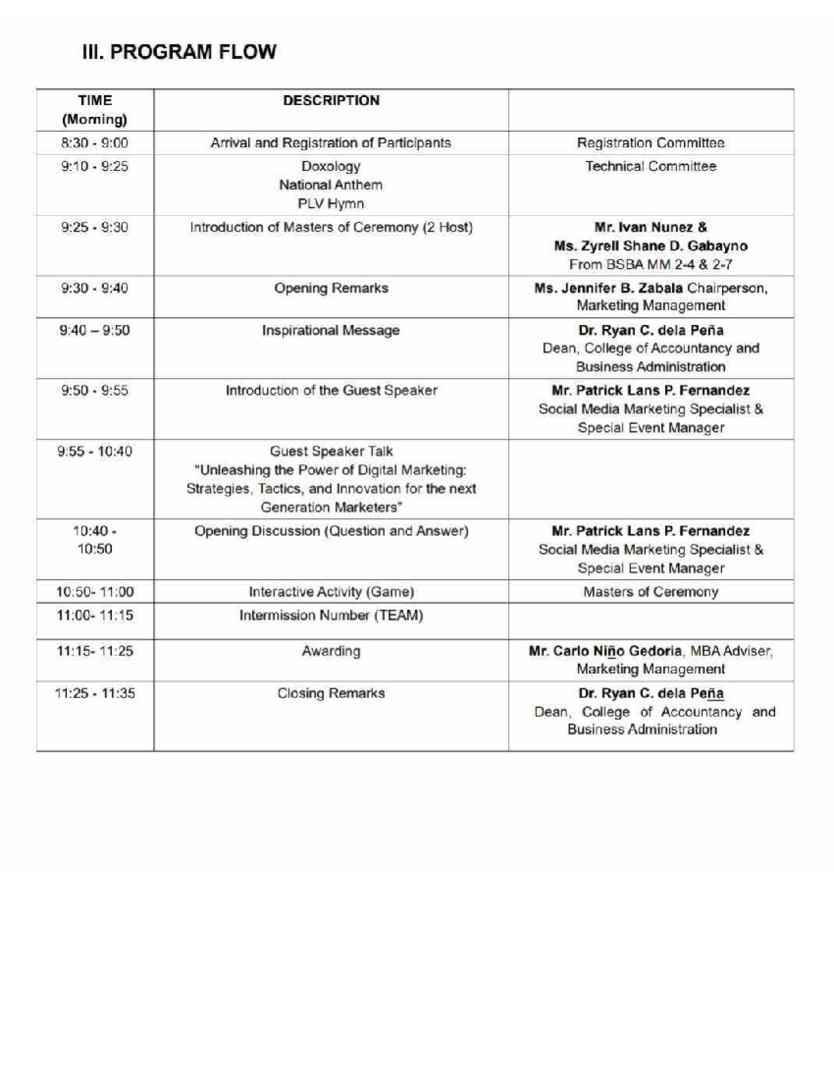 Attendance seminar - Hehe - PROGRAM FLOW TIME DESCRIPTION (Morning) 8: ...