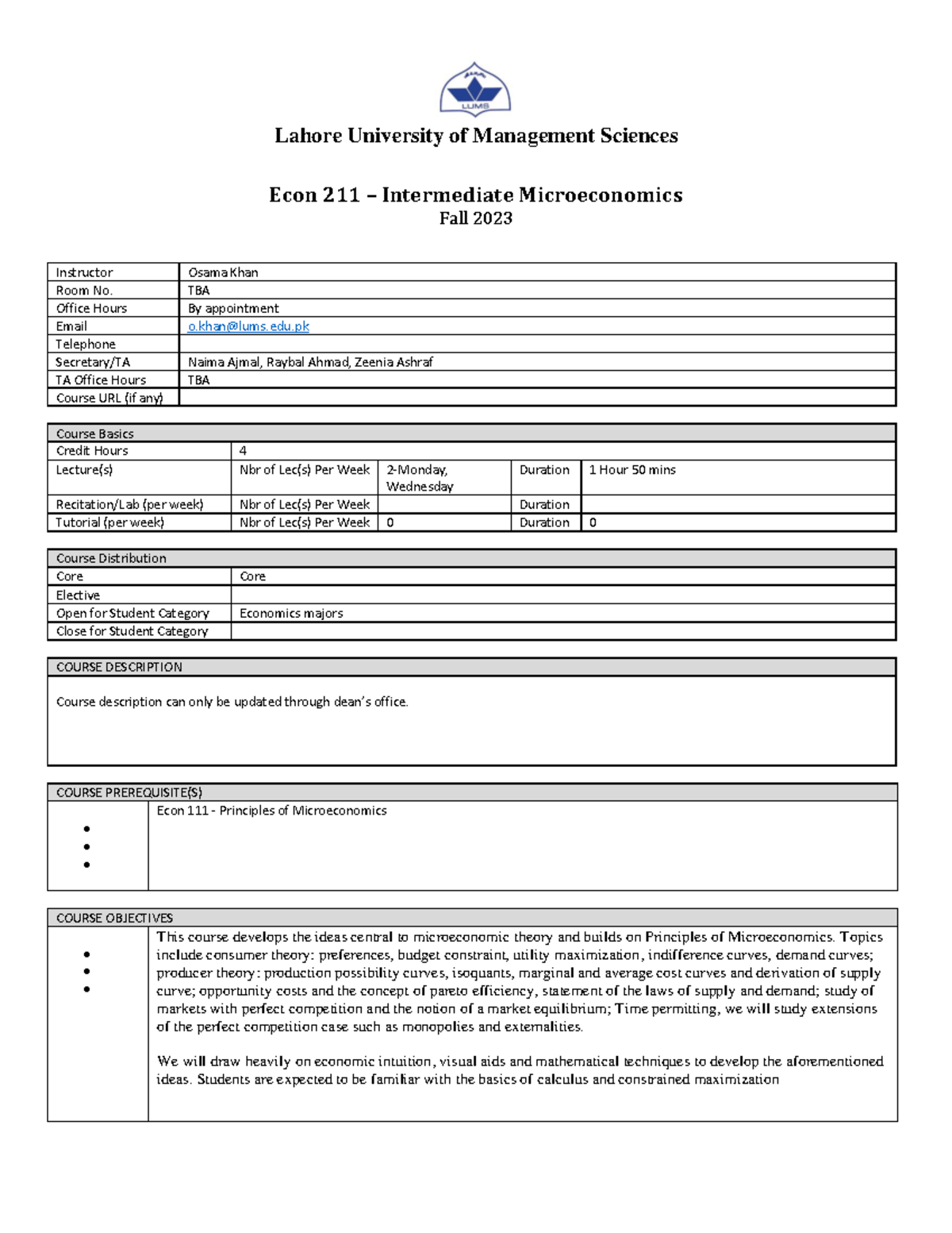 Econ 211 - Intermediate Microeconomics Course Outline - Fall 2023 - Studocu