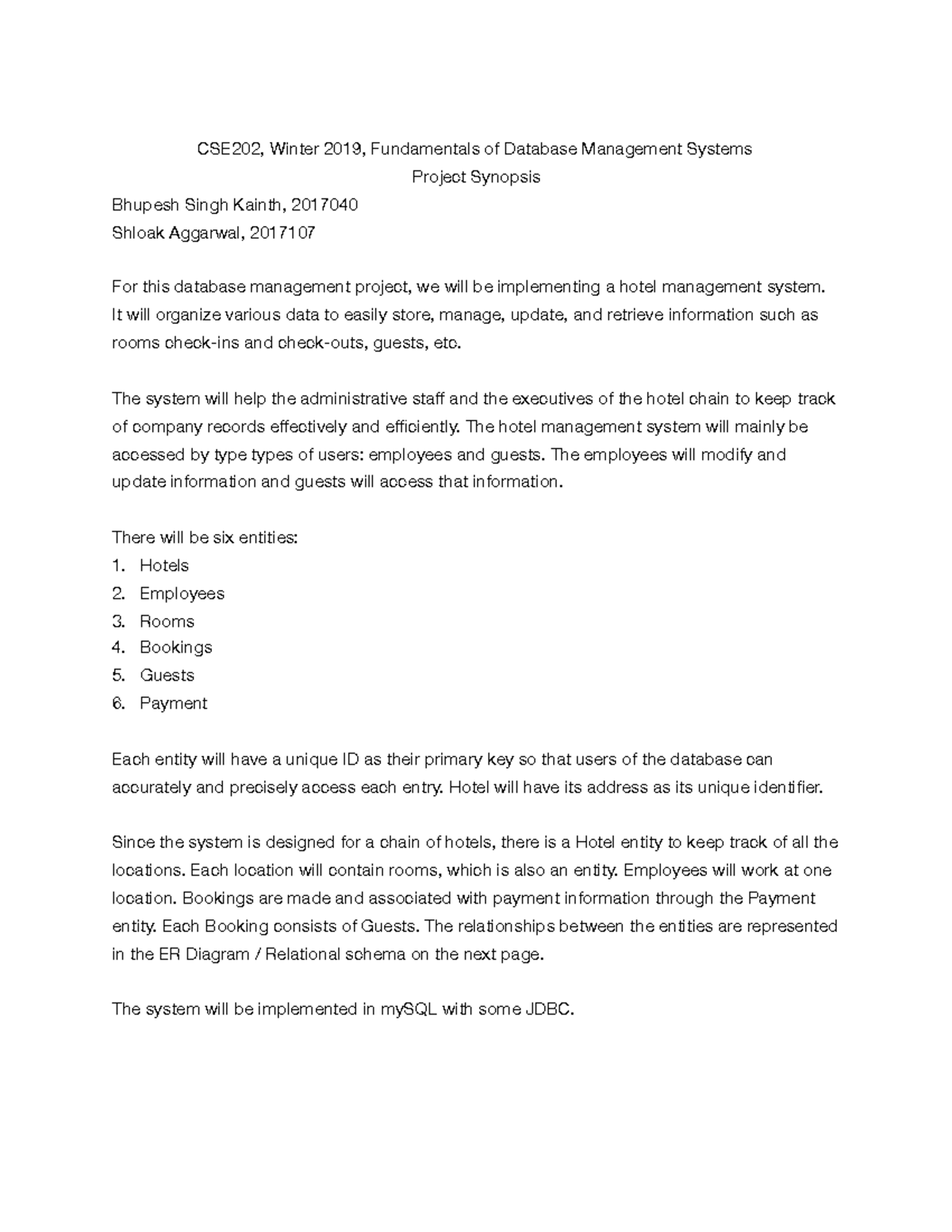 CSE202 Project Synopsis: Hotel Management System Overview - Studocu