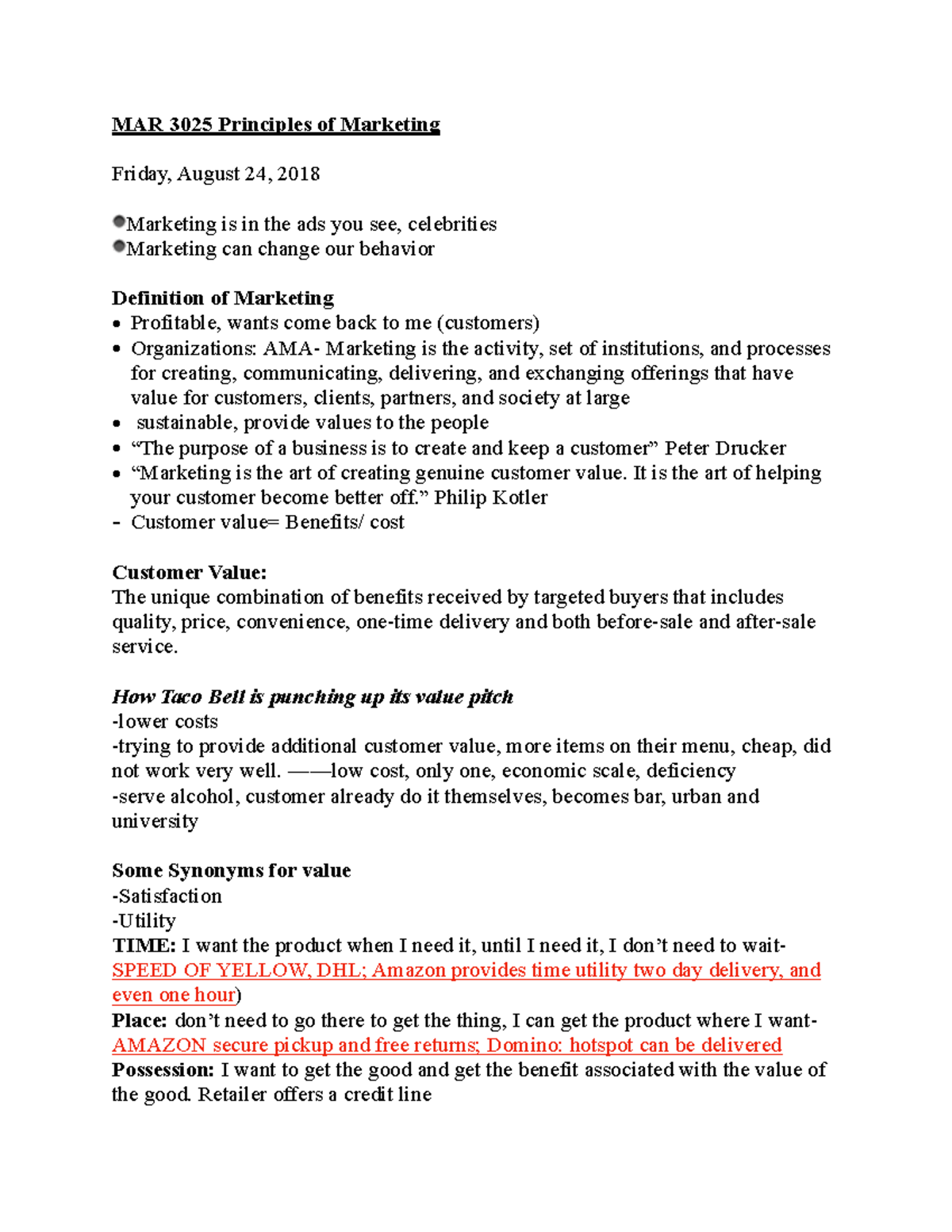MARnotes - Lecture notes Before 9/9 - MAR 3025 Principles of Marketing ...