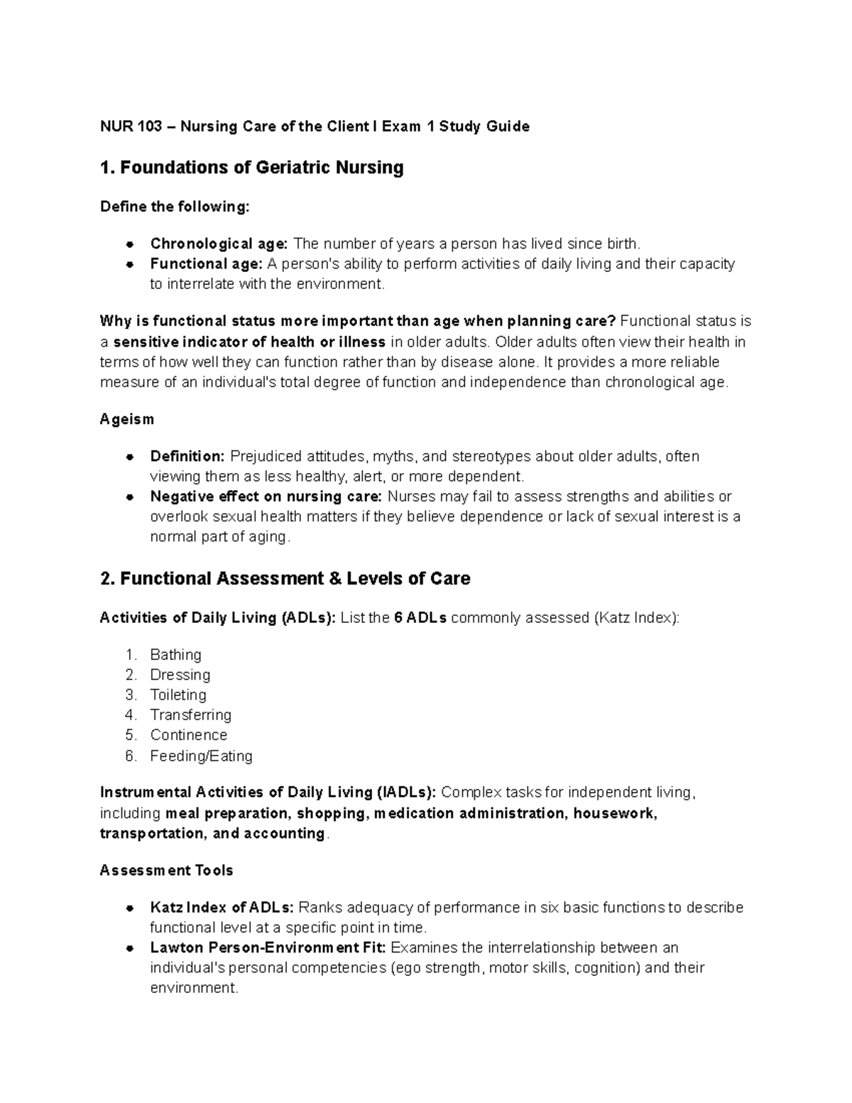 NUR 103 Exam 1 Study Guide: Foundations of Geriatric Nursing - Studocu