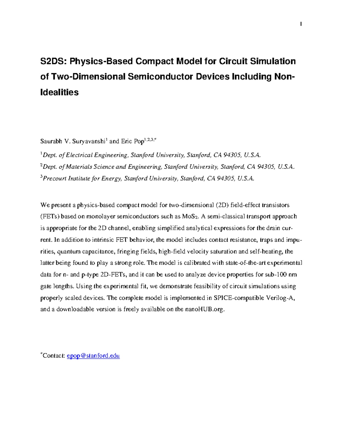 S2DS: Compact Model for 2D FET Circuit Simulation and Analysis - Studocu