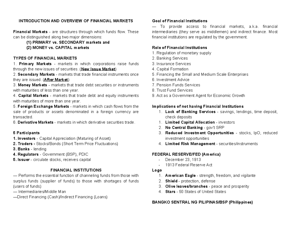 FMS - Overview of Financial Markets and Institutions - Studocu