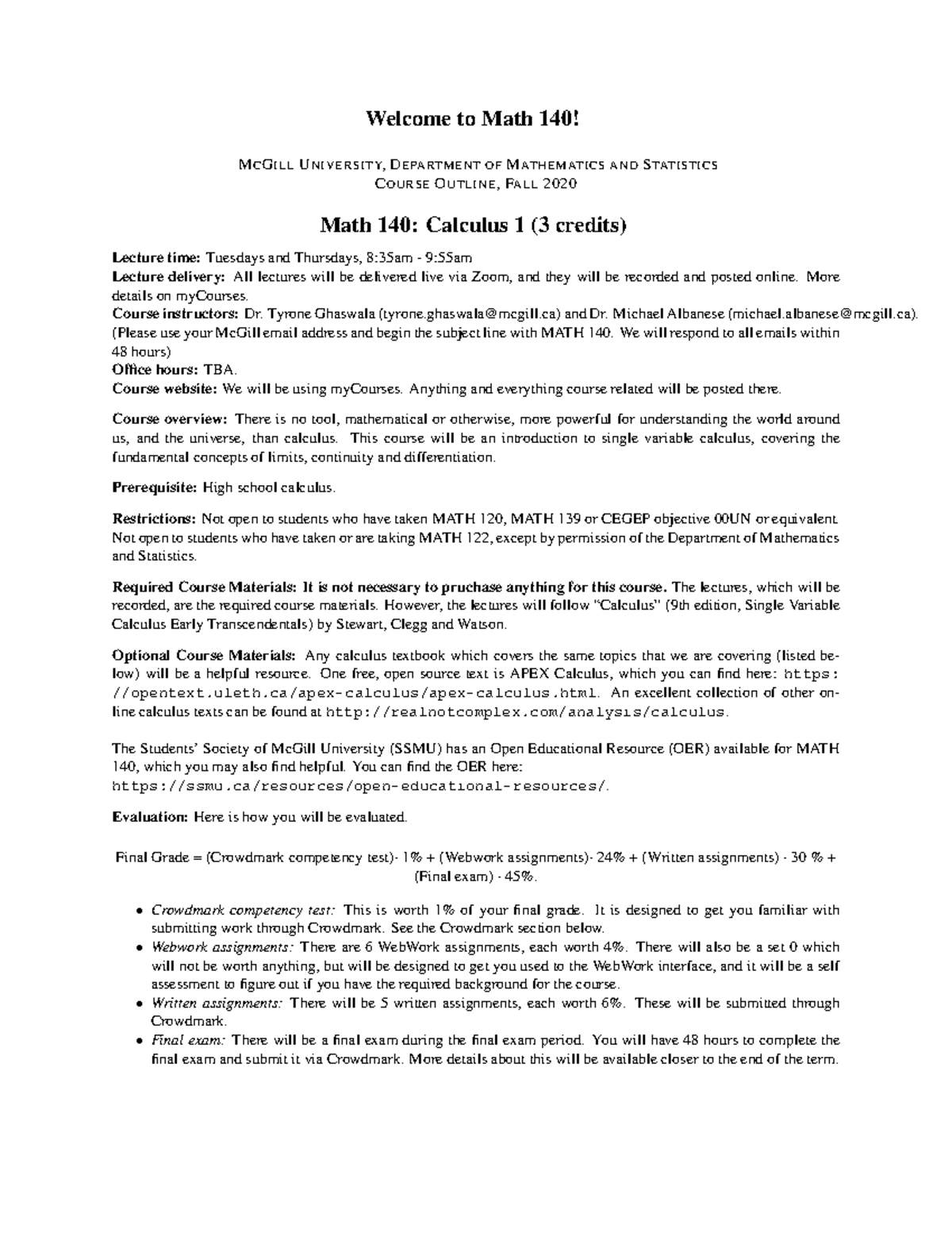 MATH140 Syllabus - Fall 2020 - Welcome to Math 140! MCGILLUNIVERSITY ...
