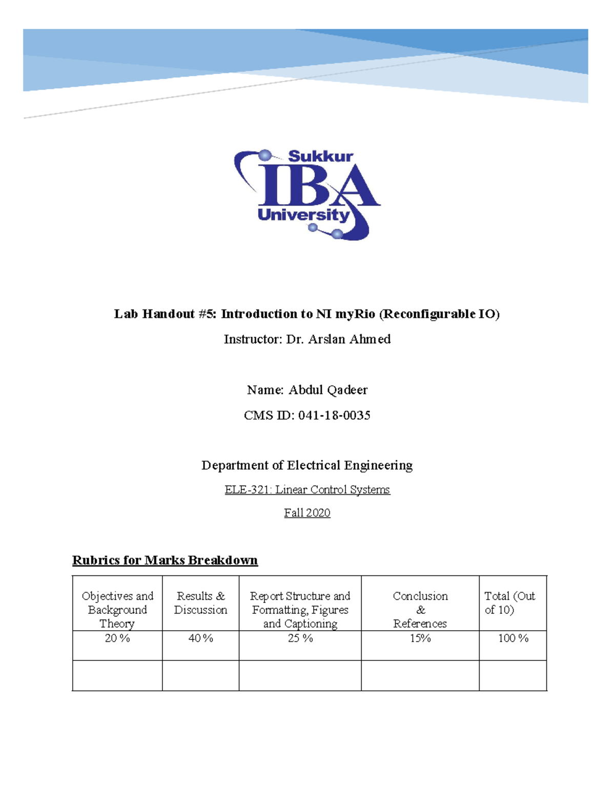 Lab 5 Report - Introduction to NI myRIO for ELE-321 (Fall 2020) - Studocu