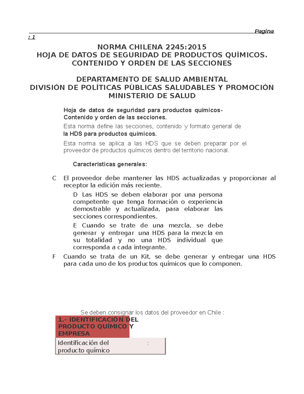 Normativa Oficial Chilena NCh2245: Hoja de Datos de Seguridad - Studocu