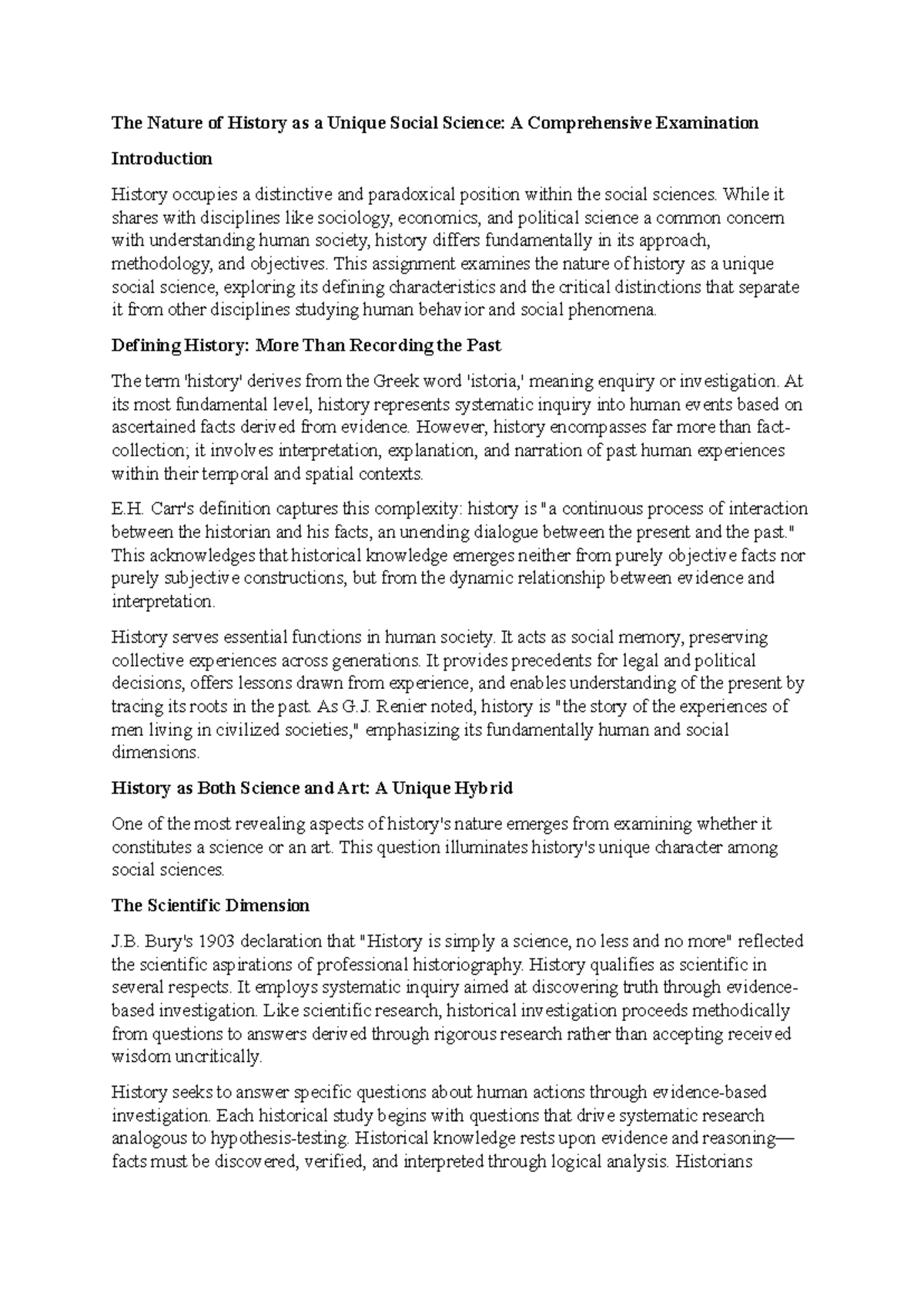 The Nature of History as a Unique Social Science: A Comprehensive Study - Document Preview