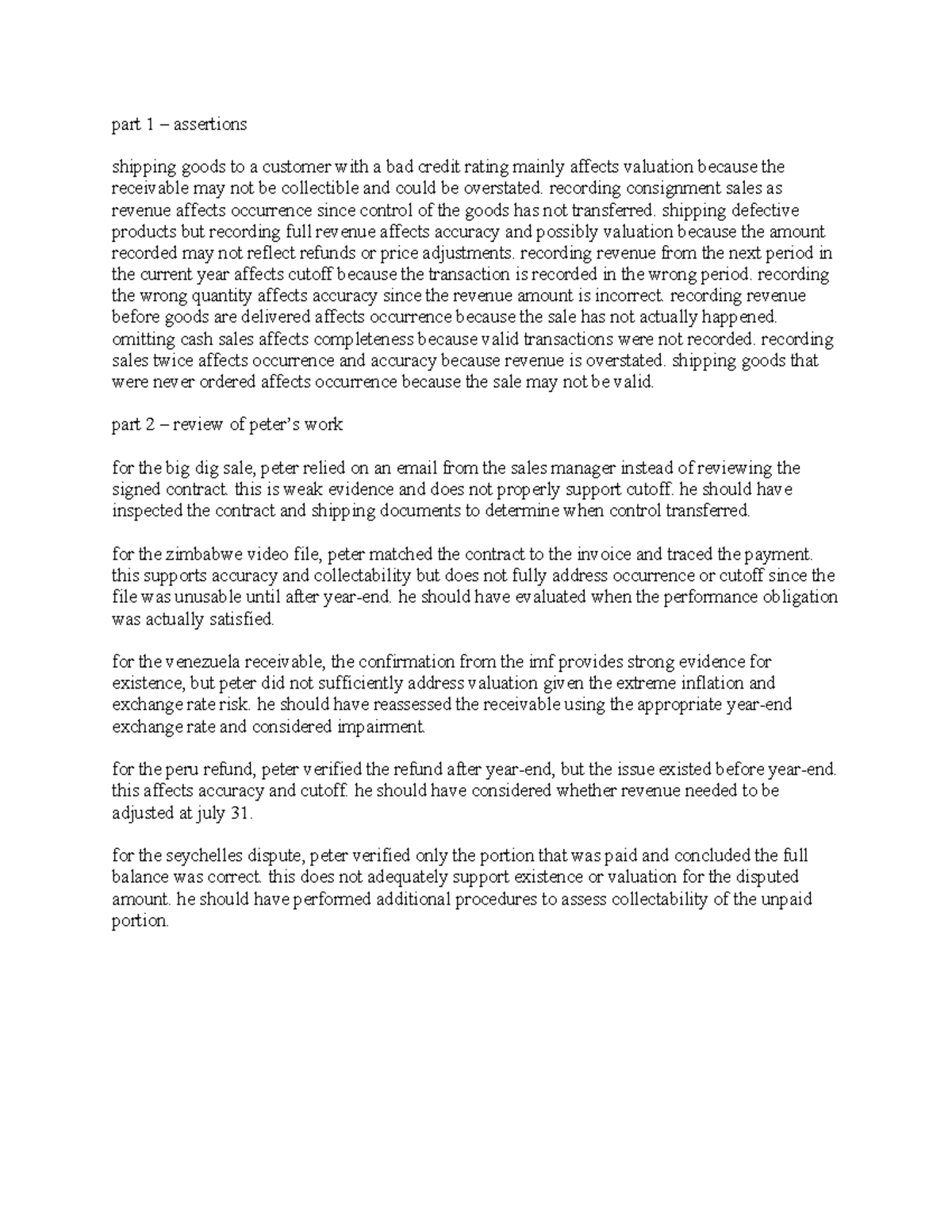 W7 Problems - Auditing Practice Questions on Revenue Recognition Issues ...