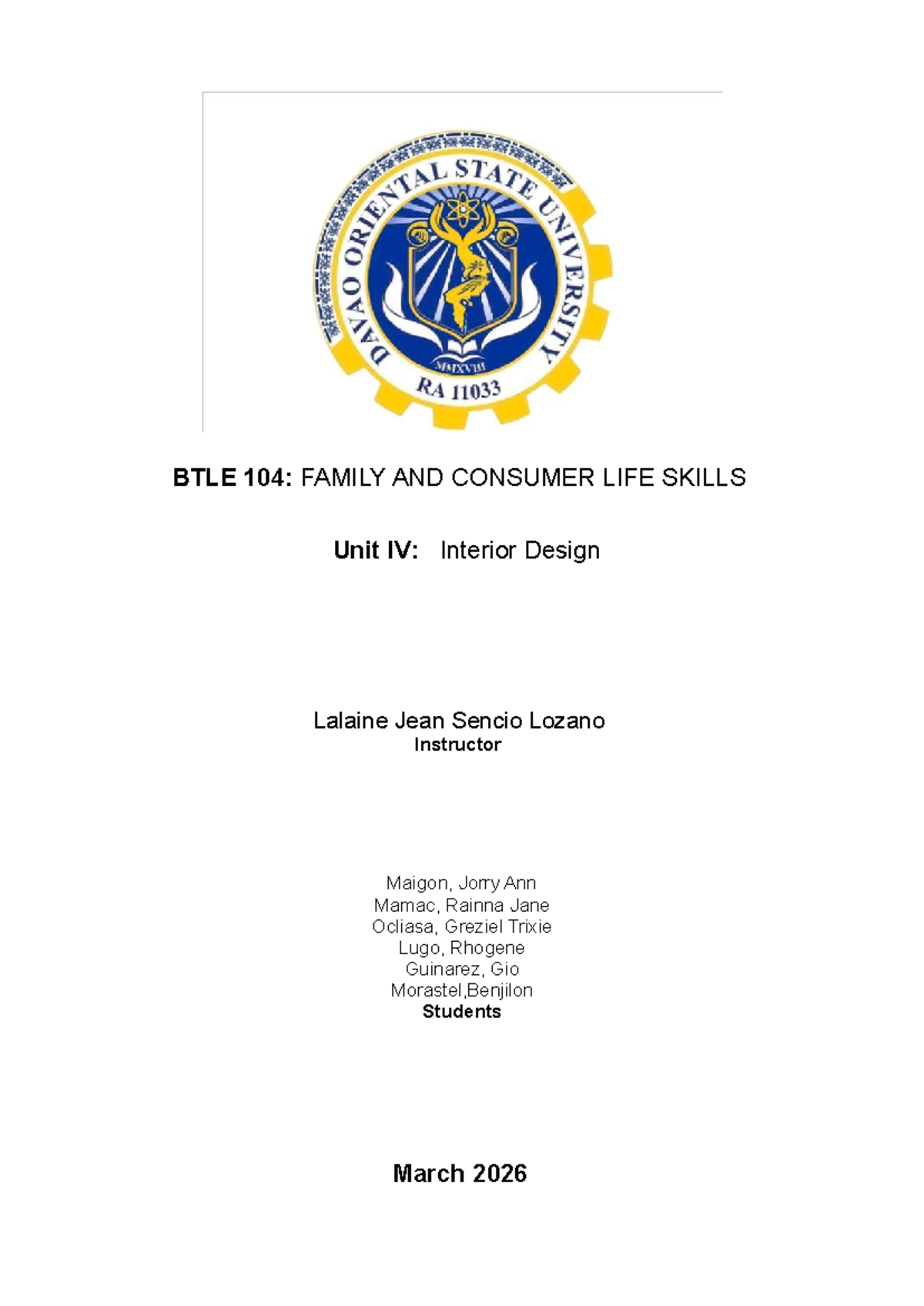 BTLE 104: FAMILY AND CONSUMER LIFE SKILLS Unit IV - Interior Design ...