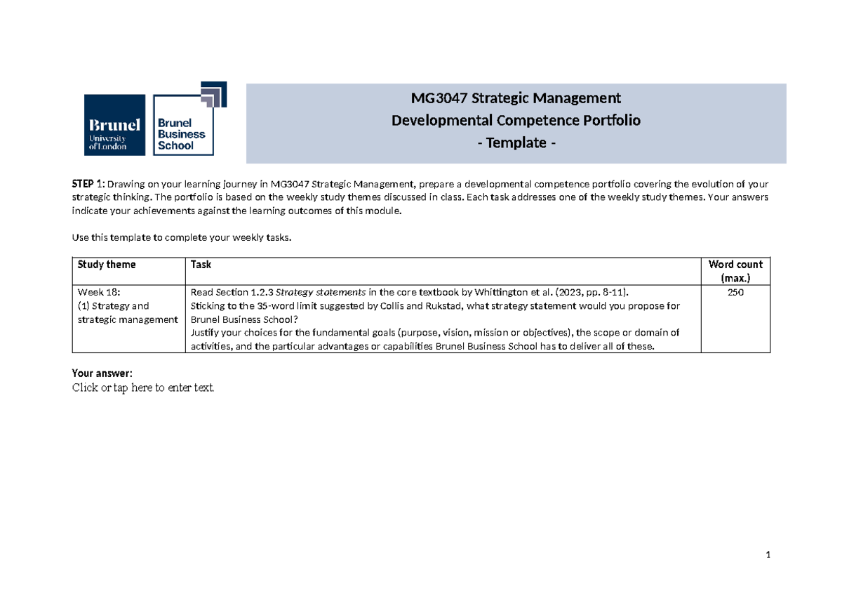 MG3047 Strategic Management Developmental Competence Portfolio Template ...