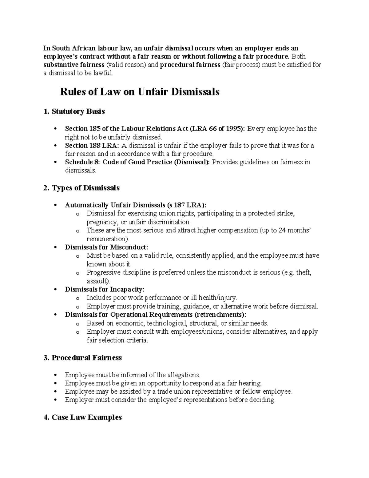 Labour Law Revision: Unfair Dismissals in South Africa - Studocu