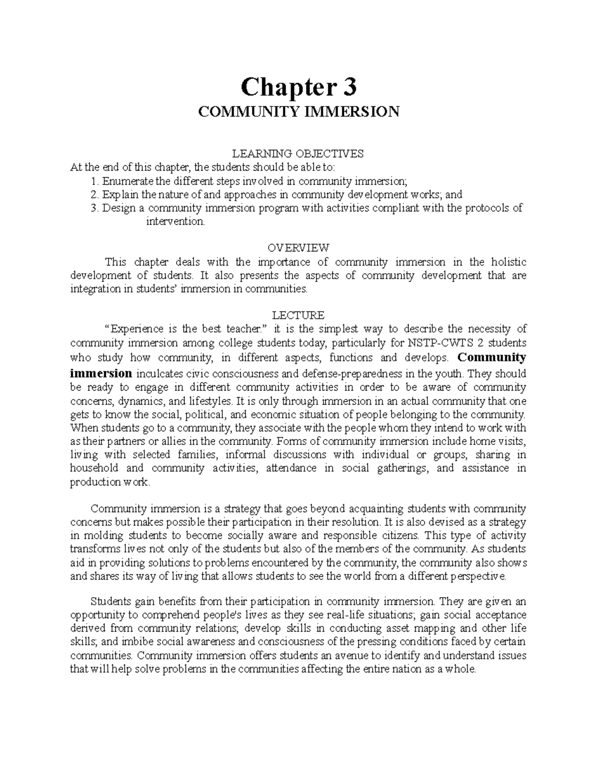 CWTS Module 3: Insights on Community Immersion and Development - Studocu