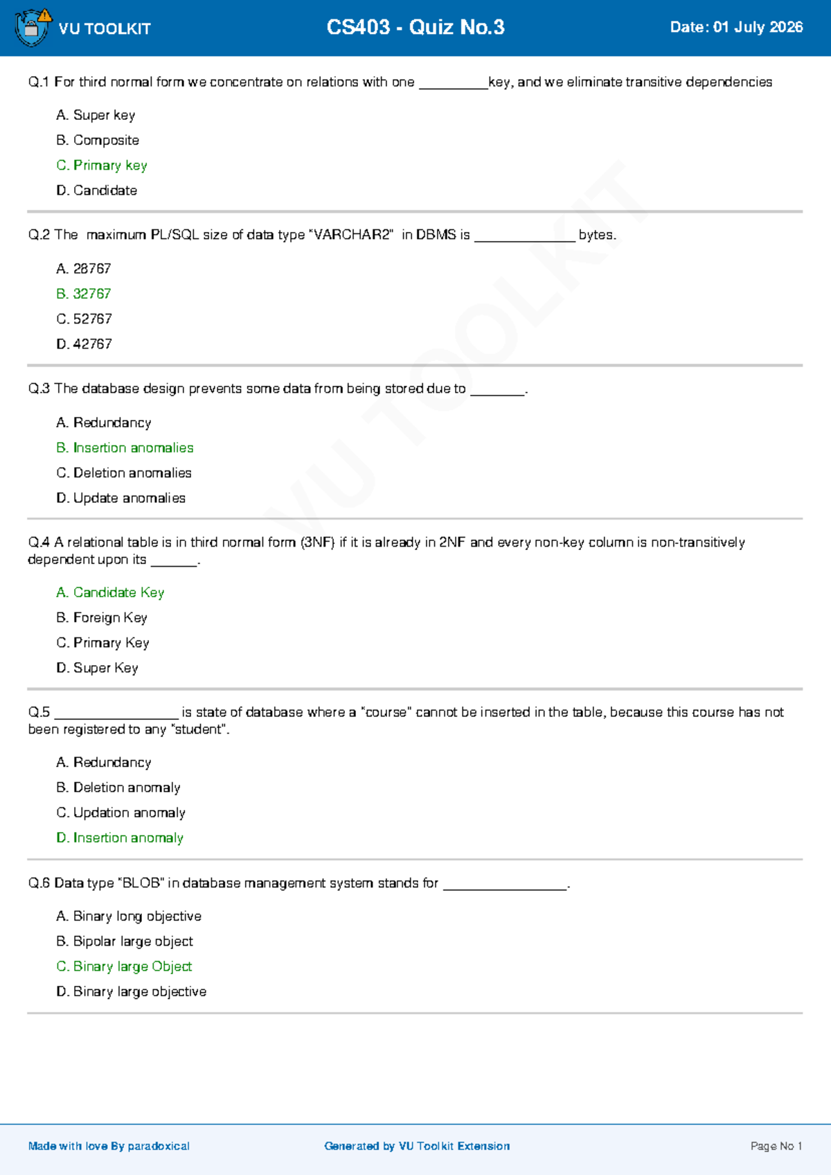 VU TOOLKIT CS403 Quiz No.3 - Database Normalization Concepts - Studocu