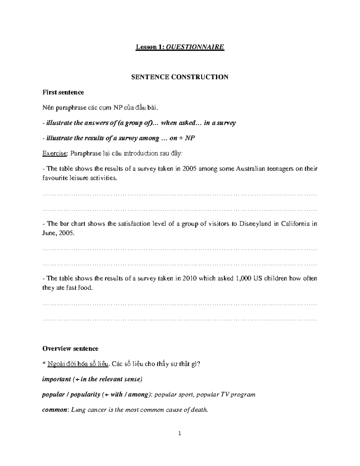 Lesson 1: Questionnaire Sentence Construction for IELTS Task 1 - Studocu
