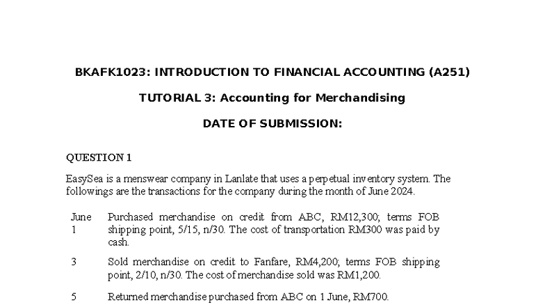 BKAFK1023: TUTORIAL 3 - Accounting for Merchandising Transactions - Studocu