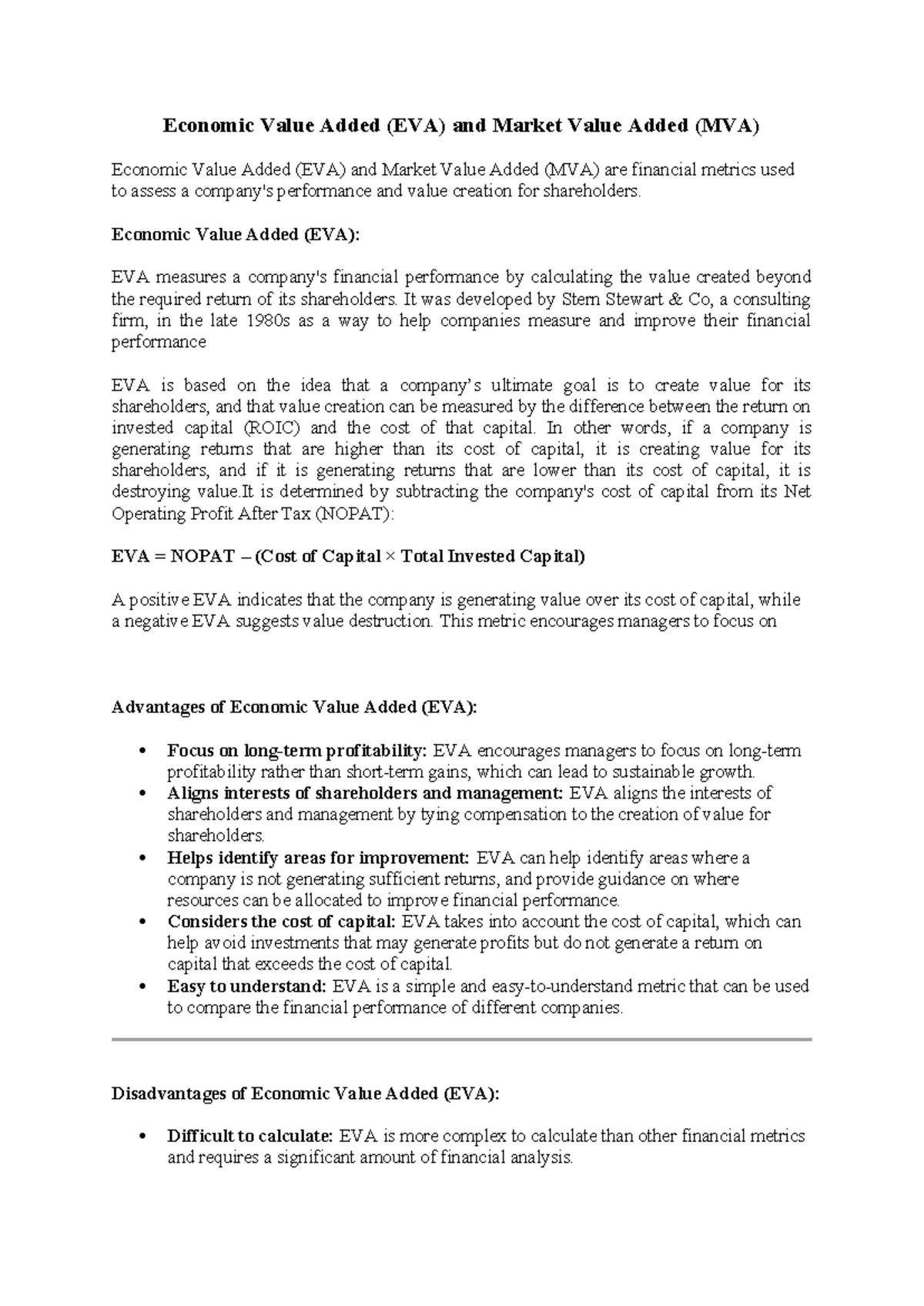 Economic Value Added (EVA) - Unit 1 Overview and Analysis - Studocu
