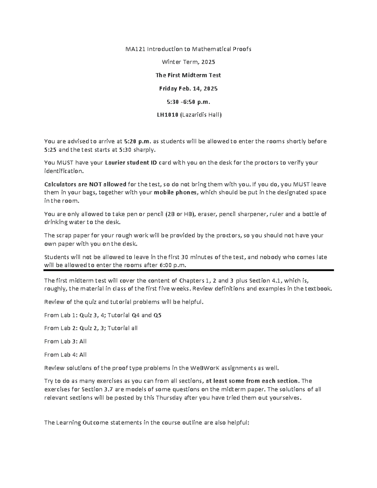 First Midterm Review Guide W25 - MA121 Introduction to Mathematical ...
