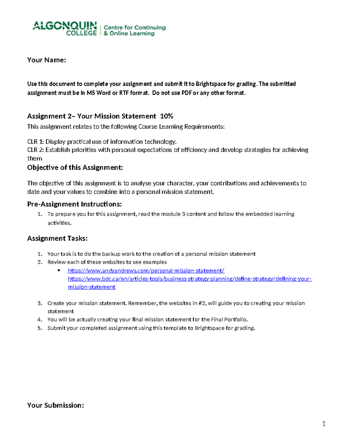 Assignment 2 Your Mission Statement - 1 Your Name: Use this document to ...