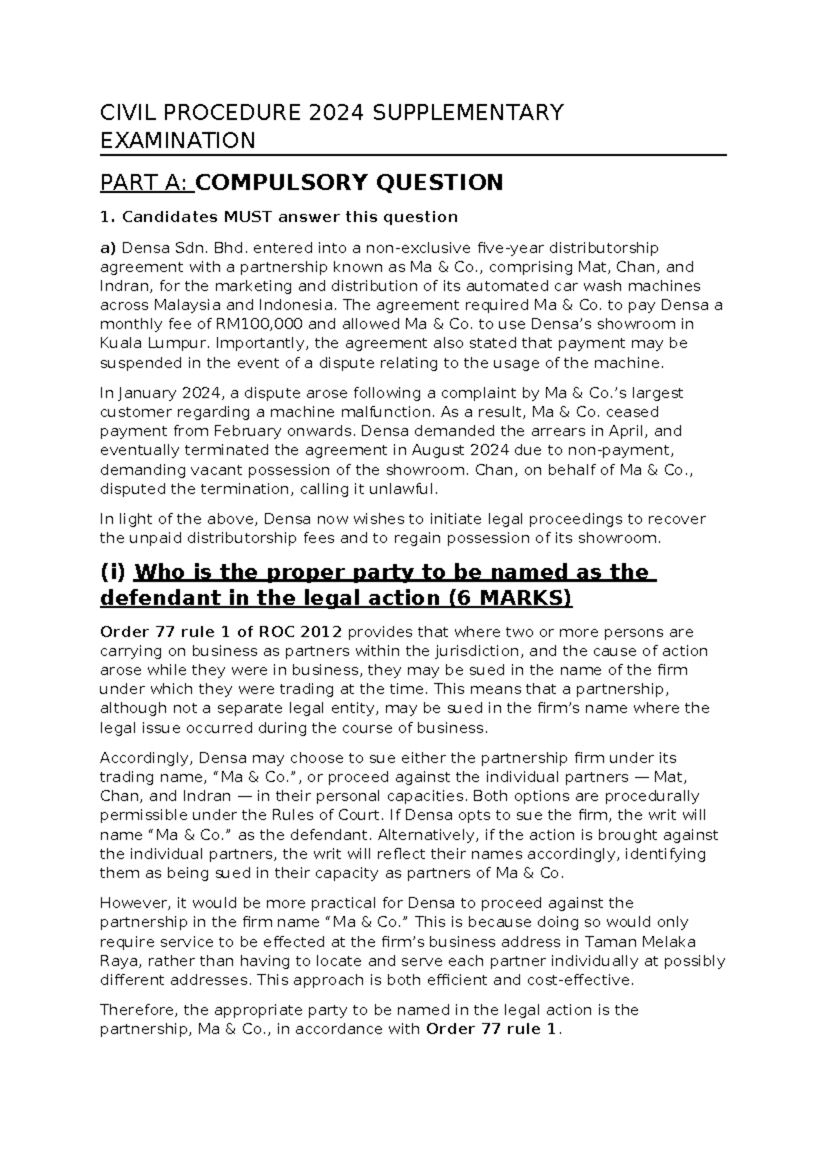 CIVIL PROCEDURE 2024 SUPPLEMENTARY EXAMINATION: PART A COMPULSORY ...