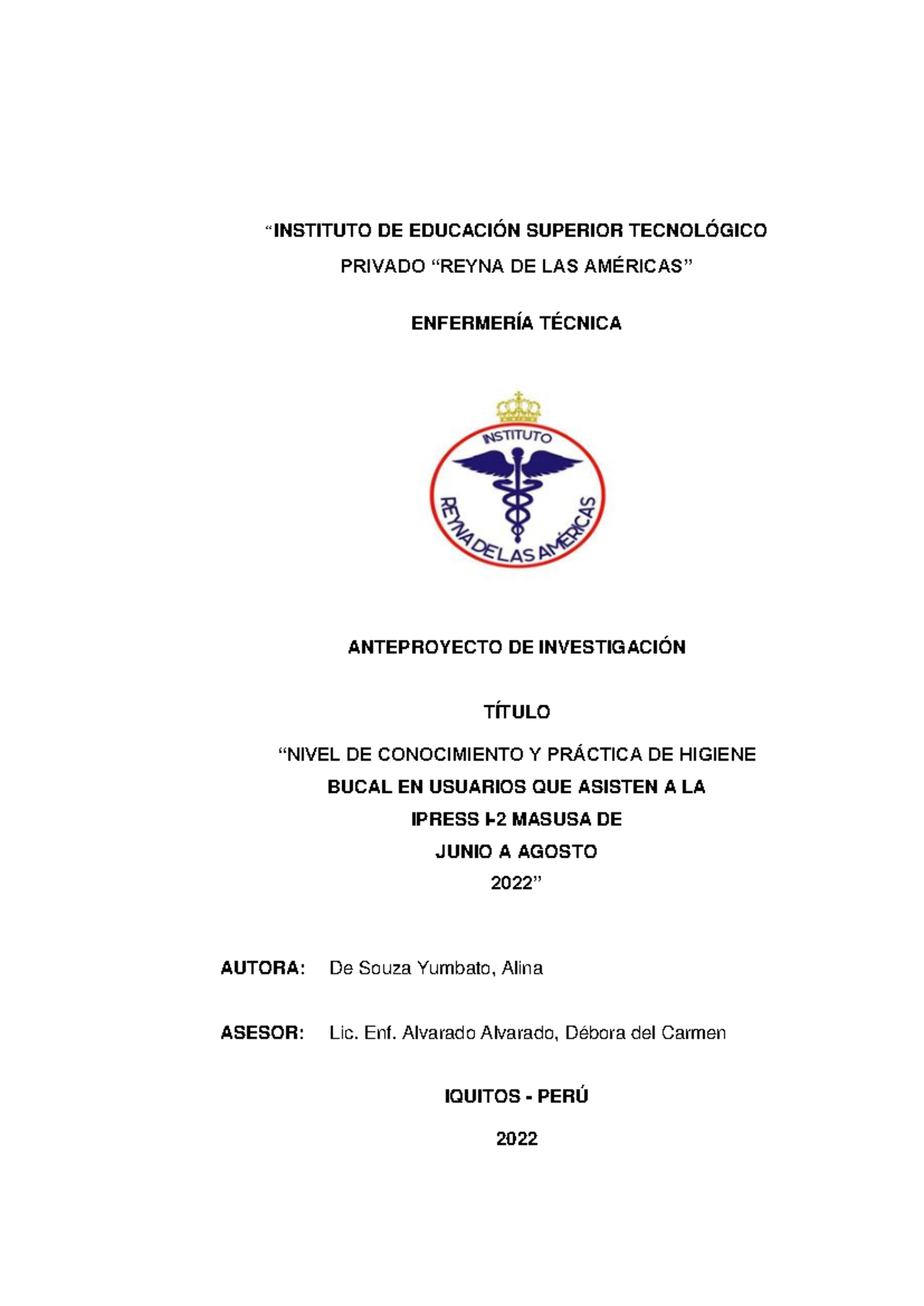 Anteproyecto de Investigación sobre Higiene Bucal en IPRESS I-2 - Document Preview