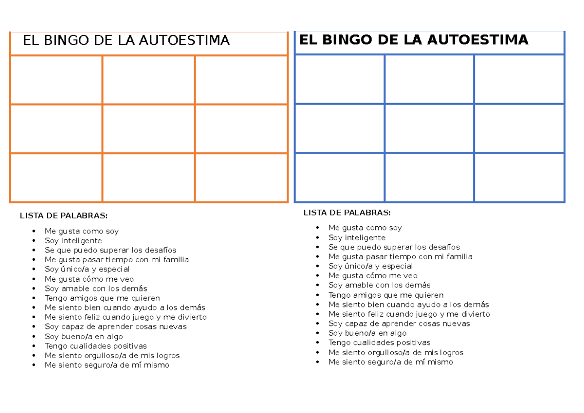 El Bingo De La Autoestima Lista De Palabras Me Gusta Como Soy Soy