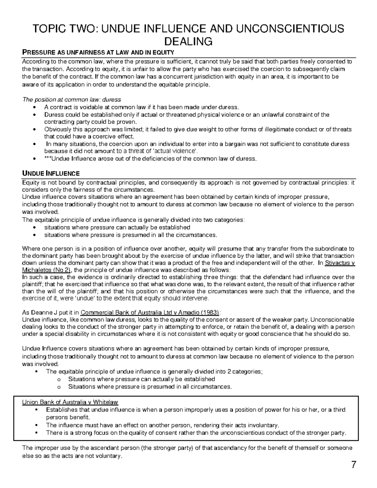 Undue Influence and Unconscientious Dealings - Lecture Notes - Studocu
