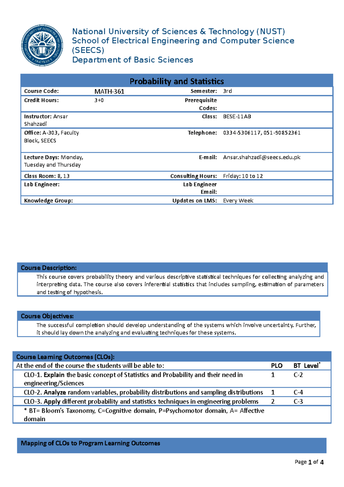 Course Outline: MATH-361 Probability and Statistics (3rd Semester ...