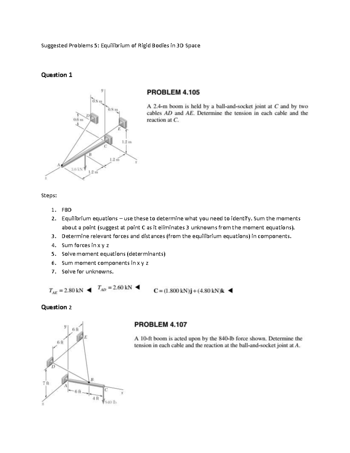 Suggested Problems 5: Equilibrium of Rigid Bodies in 3D Space - Studocu