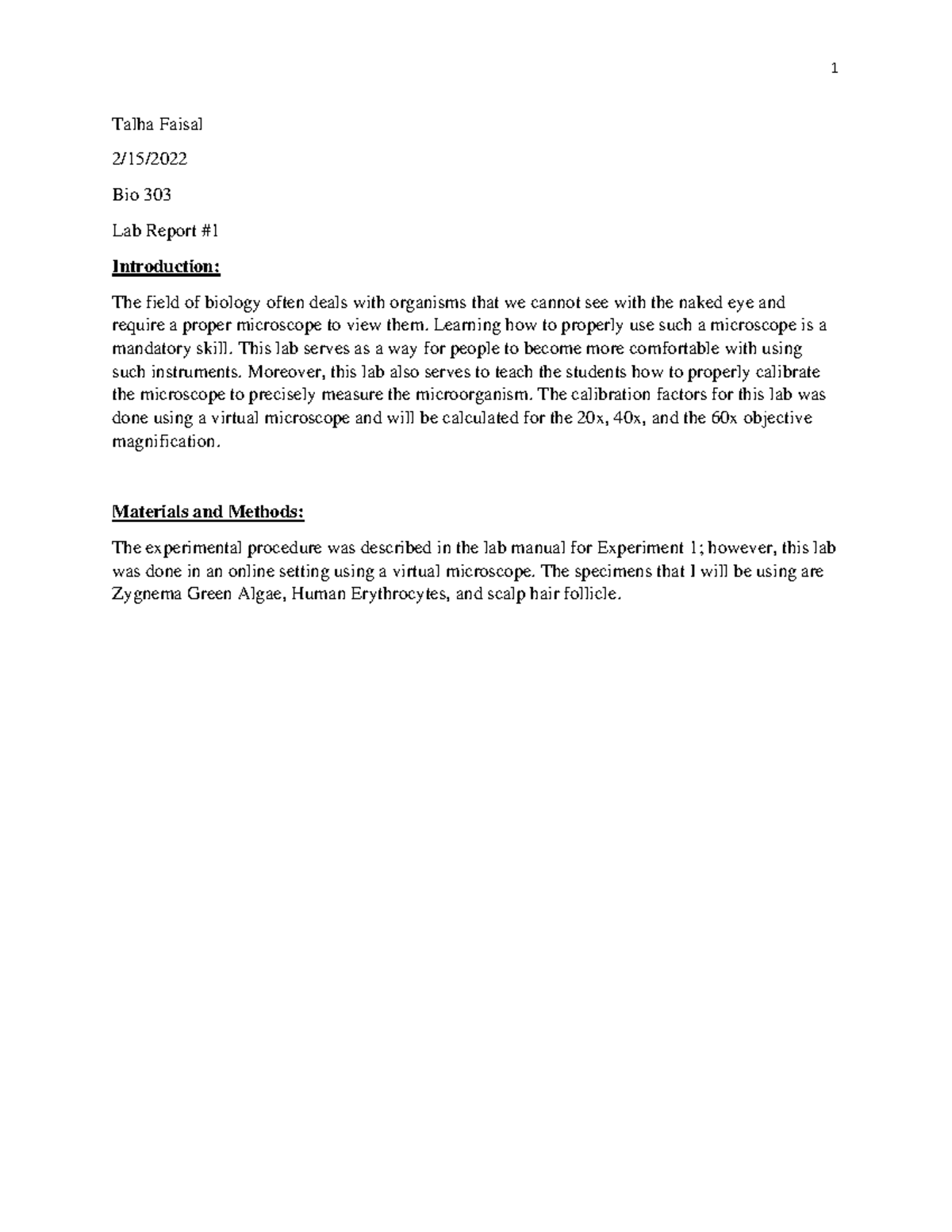 Bio 303 - Lab Report #1: Microscope Calibration and Measurements - Studocu